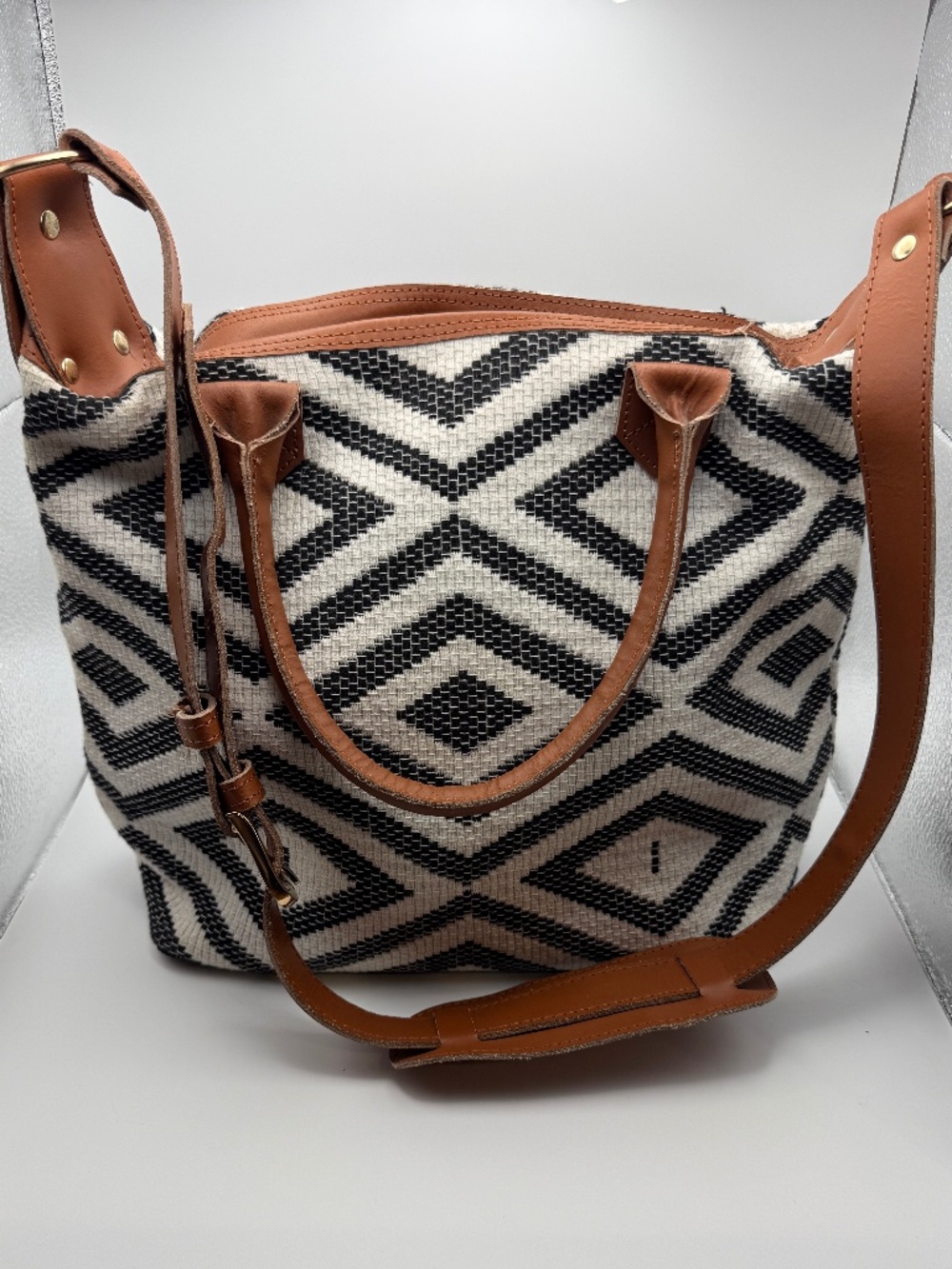 Tribe Alive Woven Canvas Leather Tote Bag Black White Geometric